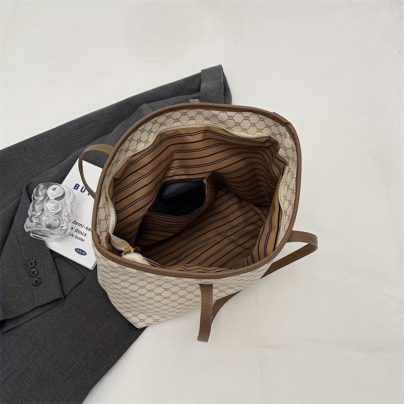 Vintage Geometric Print Tote Bag Retro Large Capacity Shoulder Bag Women's