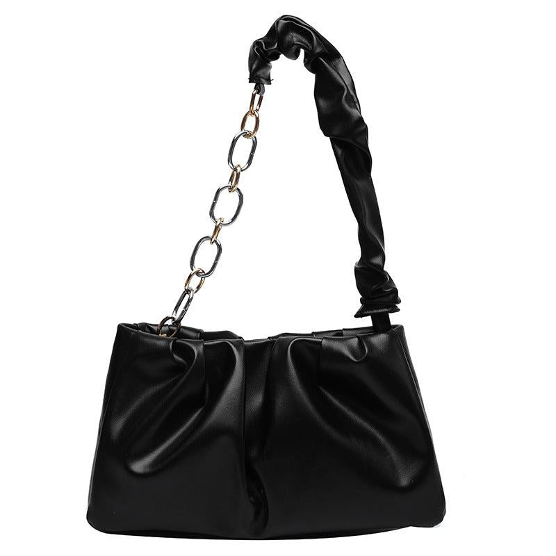 Ruched Shoulder Bag Solid PU Leather Handbag Metal Chain