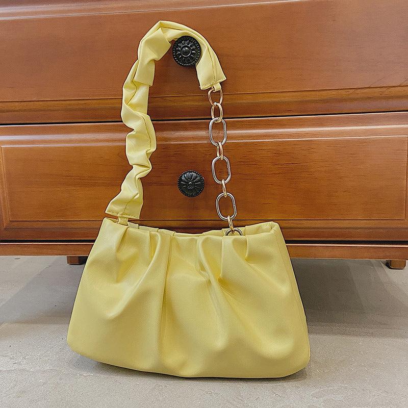 Ruched Shoulder Bag Solid PU Leather Handbag Metal Chain