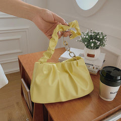 Ruched Shoulder Bag Solid PU Leather Handbag Metal Chain