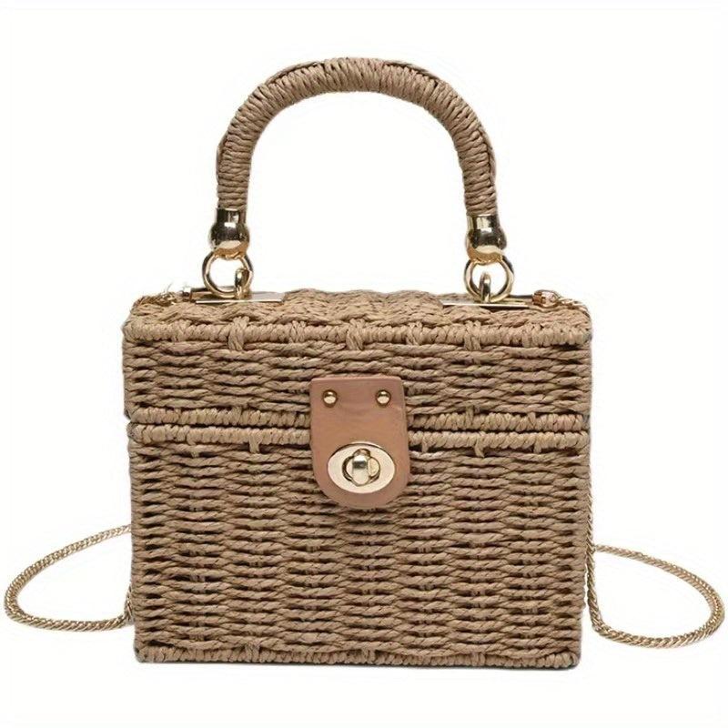 Straw Woven Boxer Shoulder Bag Metal Chain Crossbody Handbag