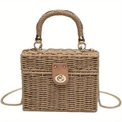 Straw Woven Boxer Shoulder Bag Metal Chain Crossbody Handbag