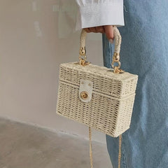Straw Woven Boxer Shoulder Bag Metal Chain Crossbody Handbag