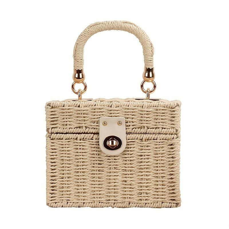 Straw Woven Boxer Shoulder Bag Metal Chain Crossbody Handbag