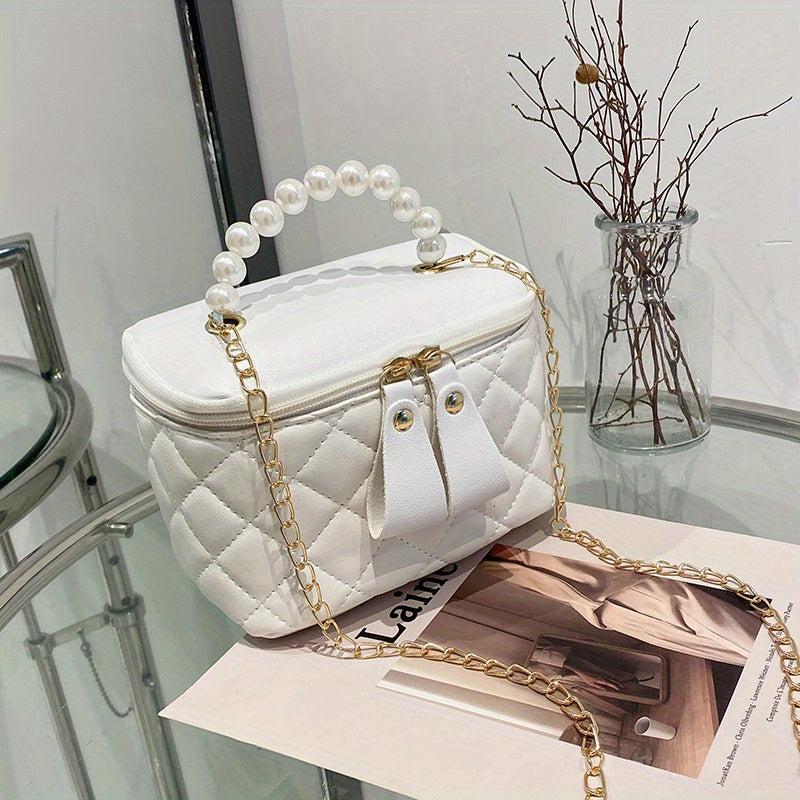 Rhombus Quilted Crossbody Bag Faux Pearl Stylish Purse & Bag