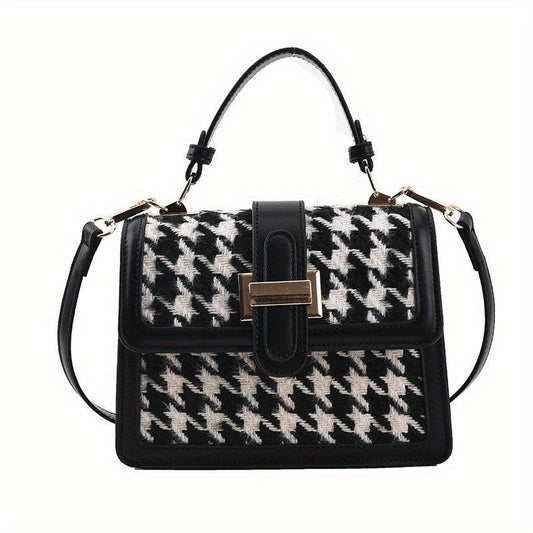 Houndstooth Print Flap Shoulder Bag PU Leather Crossbody Handbag