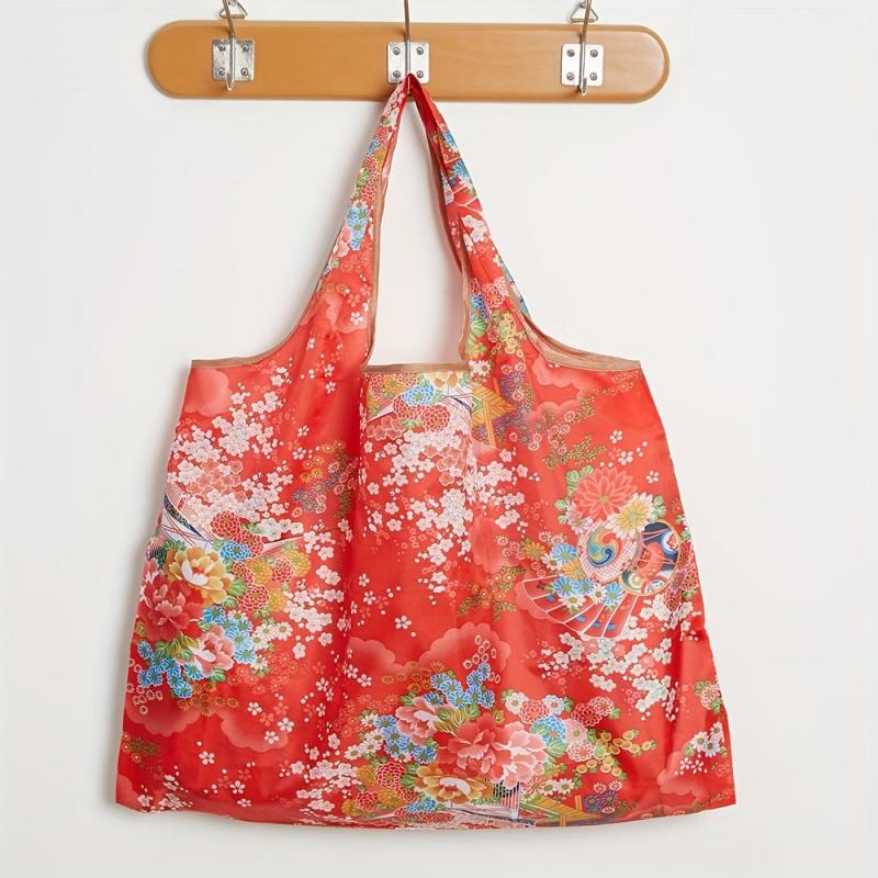 Floral Print Nylon Tote Bag Reusable Grocery Shopping Bag