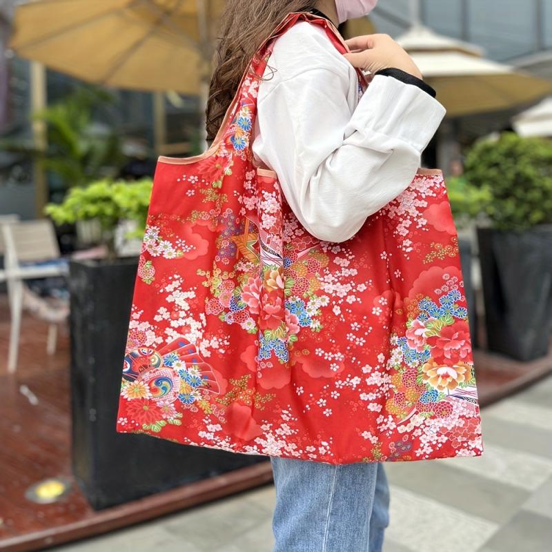 Floral Print Nylon Tote Bag Reusable Grocery Shopping Bag