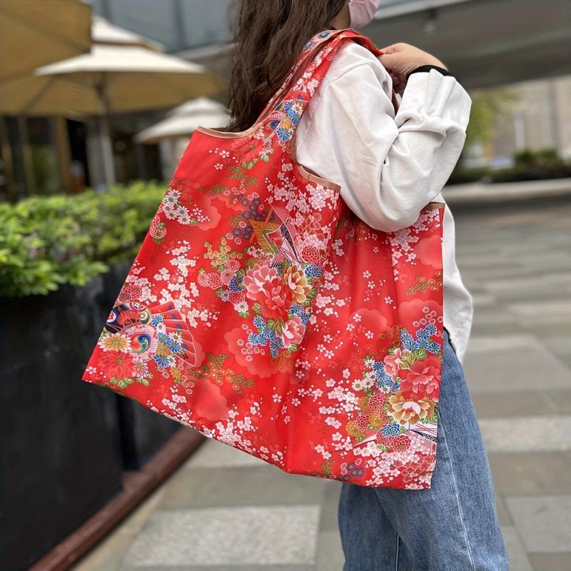 Floral Print Nylon Tote Bag Reusable Grocery Shopping Bag