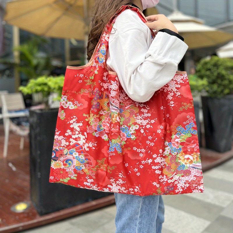 Floral Print Nylon Tote Bag Reusable Grocery Shopping Bag