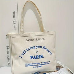 Women's Canvas Tote Bag with Letter Embroidery - School & Work Handbag