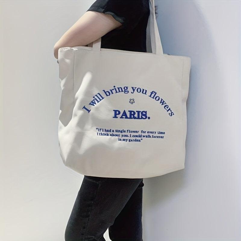 Women's Canvas Tote Bag with Letter Embroidery - School & Work Handbag