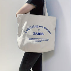 Women's Canvas Tote Bag with Letter Embroidery - School & Work Handbag