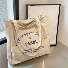 Women's Canvas Tote Bag with Letter Embroidery - School & Work Handbag