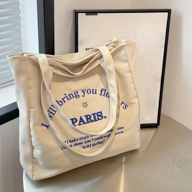 Women's Canvas Tote Bag with Letter Embroidery - School & Work Handbag
