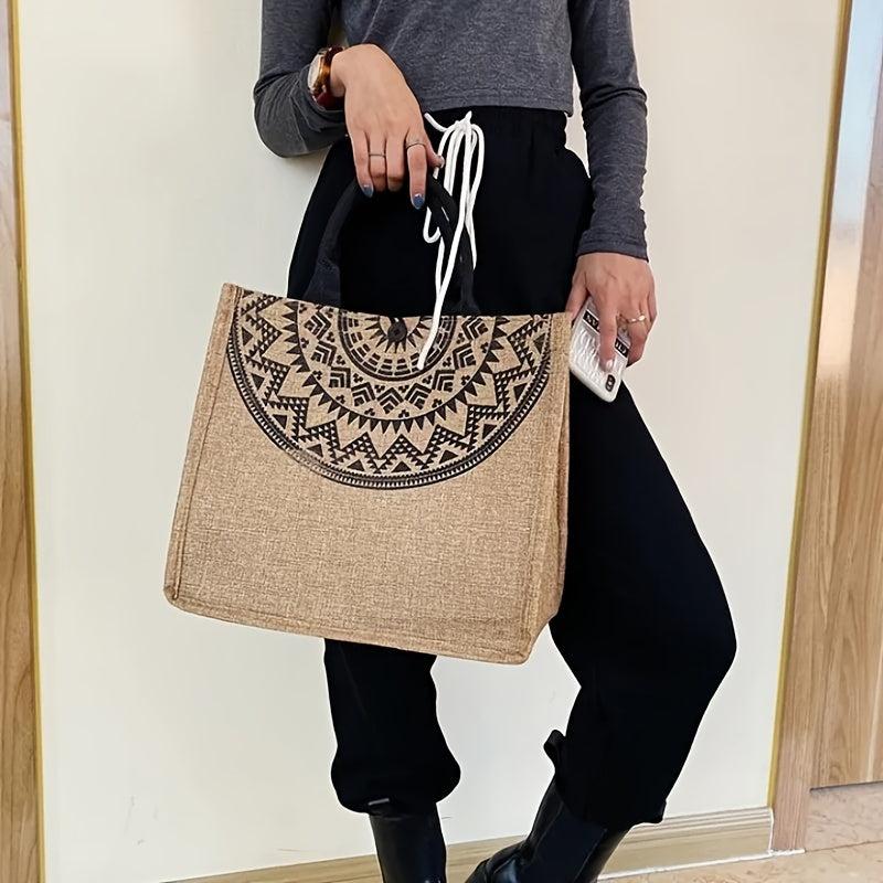 Vintage Print Linen Bag Large Capacity Satchel Women's Handbag