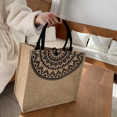 Vintage Print Linen Bag Large Capacity Satchel Women's Handbag