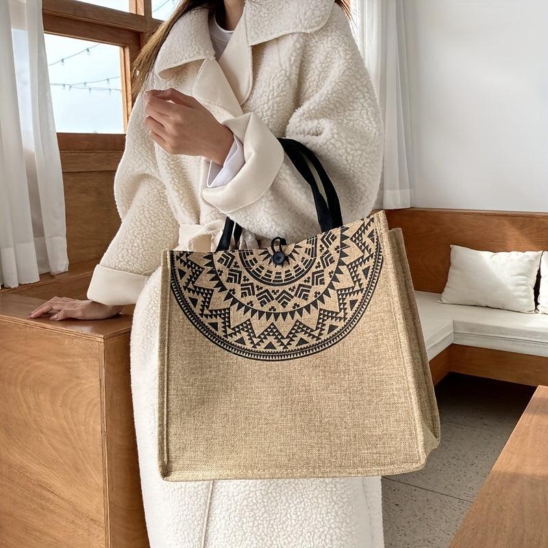 Vintage Print Linen Bag Large Capacity Satchel Women's Handbag