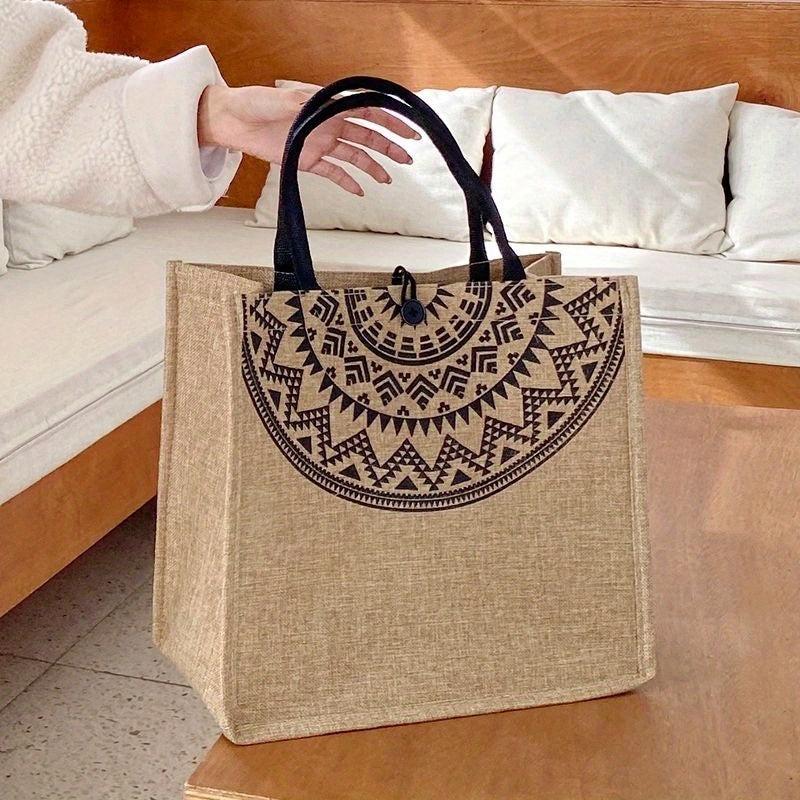 Vintage Print Linen Bag Large Capacity Satchel Women's Handbag