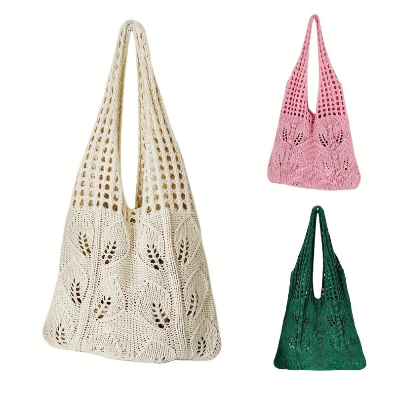 Y2k Literary Crochet Bag Women Knitted Shoulder Tote Travel Beach Shopping