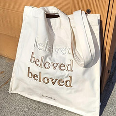 Letter Embroidery Tote Bag Literary Canvas Shoulder Bag Large Capacity