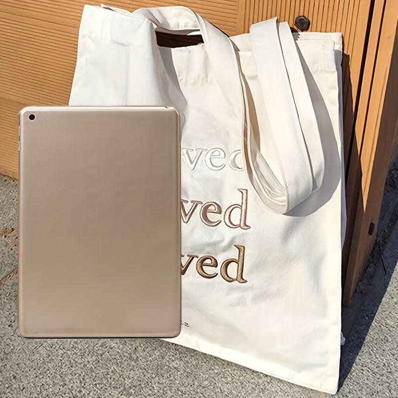 Letter Embroidery Tote Bag Literary Canvas Shoulder Bag Large Capacity