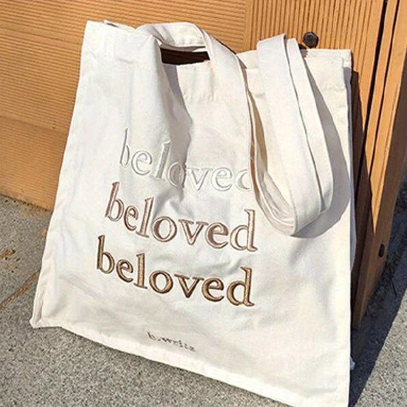 Letter Embroidery Tote Bag Literary Canvas Shoulder Bag Large Capacity