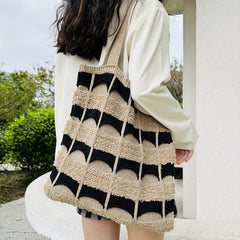Contrast Knitted Tote Bag Large Capacity Shoulder Bag Women's Grunge Handbag
