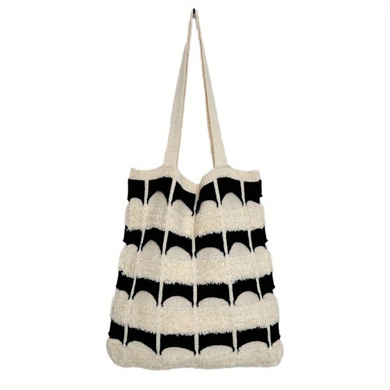 Contrast Knitted Tote Bag Large Capacity Shoulder Bag Women's Grunge Handbag