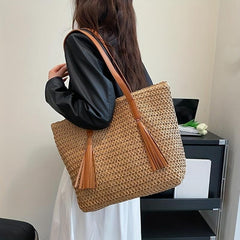 Colorblock Straw Tote Bag Woven Shoulder Bag With Tassel Decor