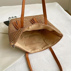 Colorblock Straw Tote Bag Woven Shoulder Bag With Tassel Decor