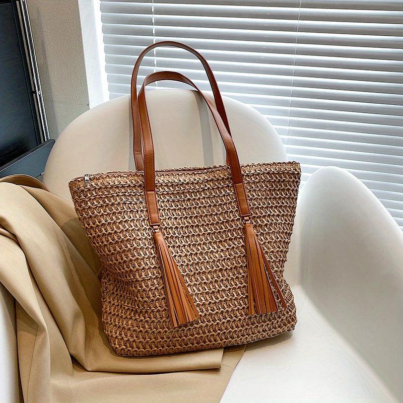 Colorblock Straw Tote Bag Woven Shoulder Bag With Tassel Decor