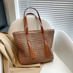 Colorblock Straw Tote Bag Woven Shoulder Bag With Tassel Decor