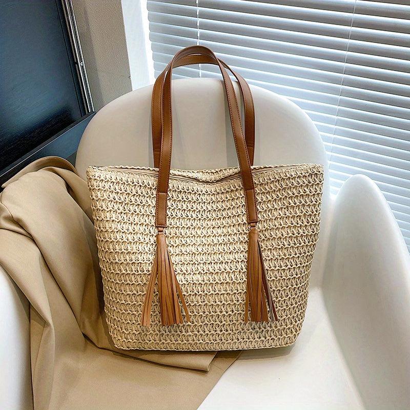 Colorblock Straw Tote Bag Woven Shoulder Bag With Tassel Decor