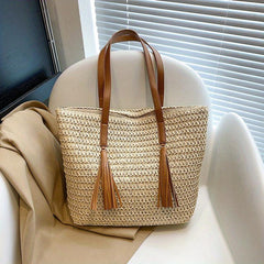 Colorblock Straw Tote Bag Woven Shoulder Bag With Tassel Decor