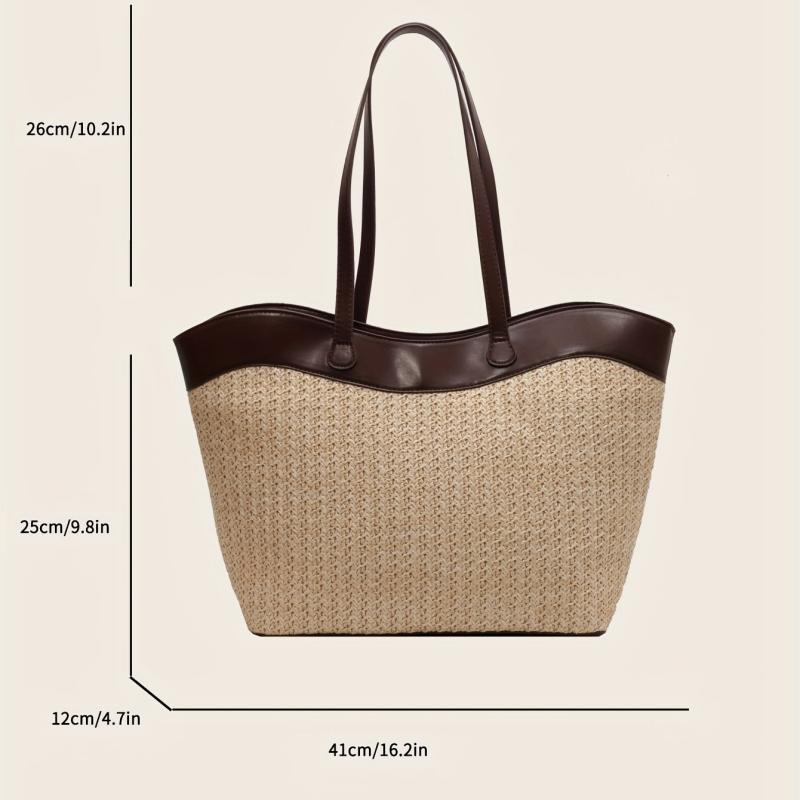 Vintage Straw Woven Tote Bag Large Capacity Boho Style Handbag for Beach