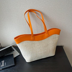Vintage Straw Woven Tote Bag Large Capacity Boho Style Handbag for Beach