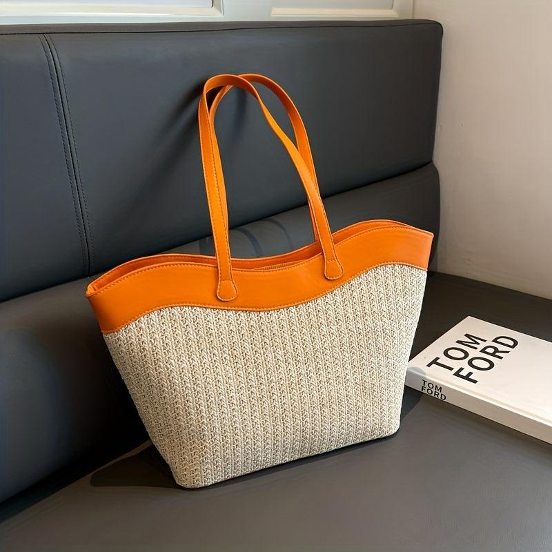 Vintage Straw Woven Tote Bag Large Capacity Boho Style Handbag for Beach