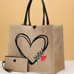 Large Capacity Canvas Tote Bag With Wristlet Purse