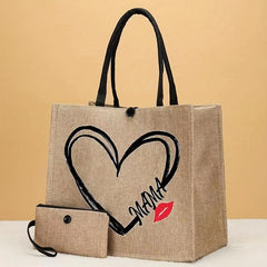 Large Capacity Canvas Tote Bag With Wristlet Purse