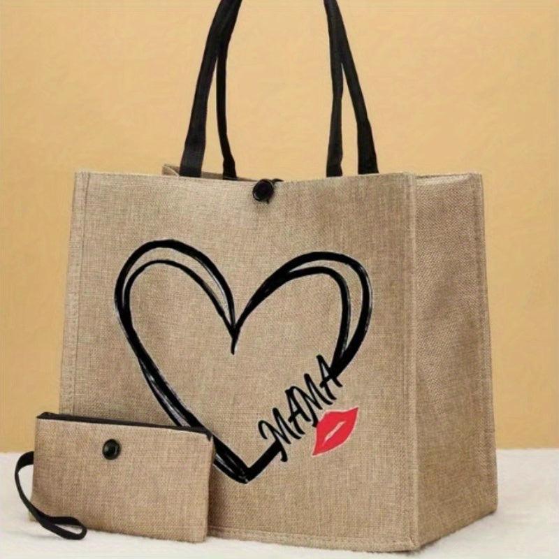 Large Capacity Canvas Tote Bag With Wristlet Purse