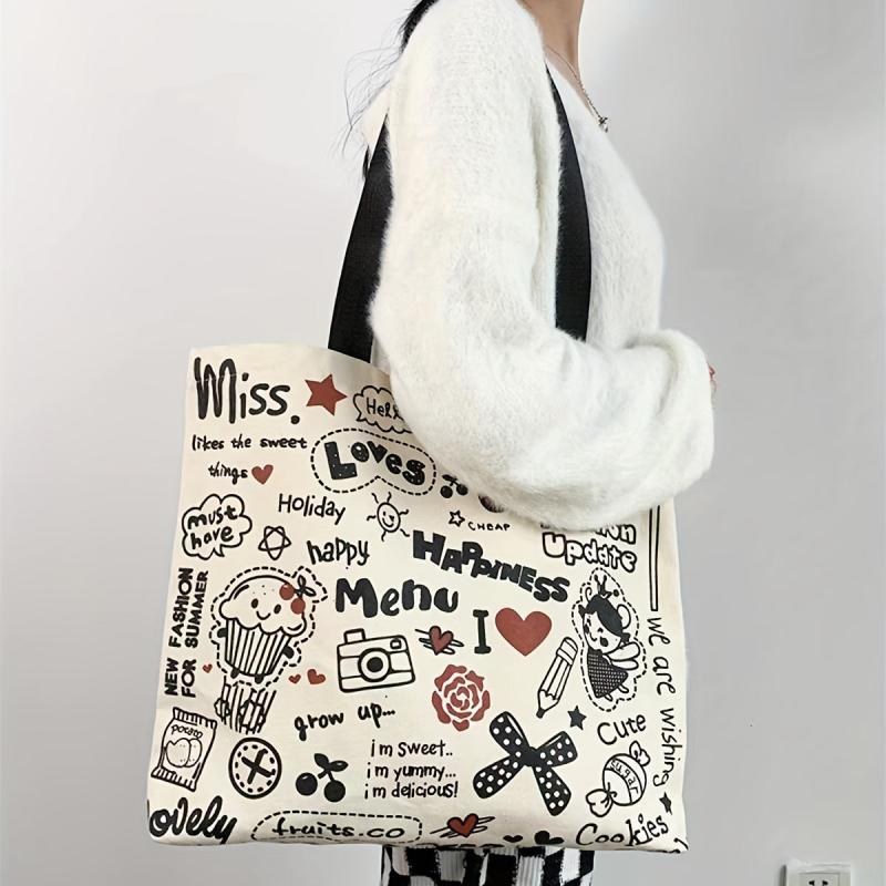 Cartoon Graffiti Canvas Tote Bag Large Capacity Shoulder Bag