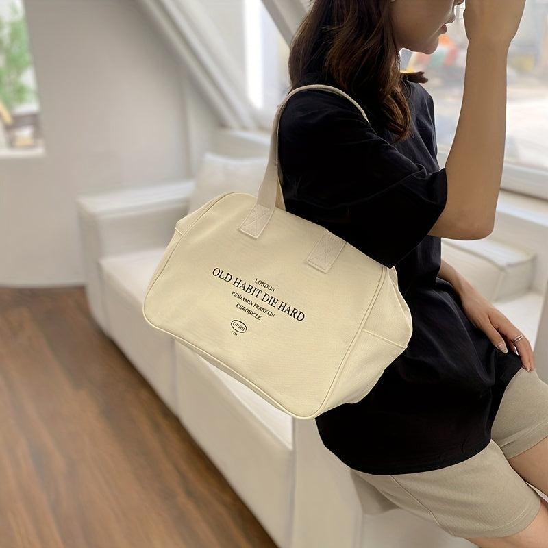 Vintage Letter Graphic Tote Bag Retro Canvas Handbag For Commute & School
