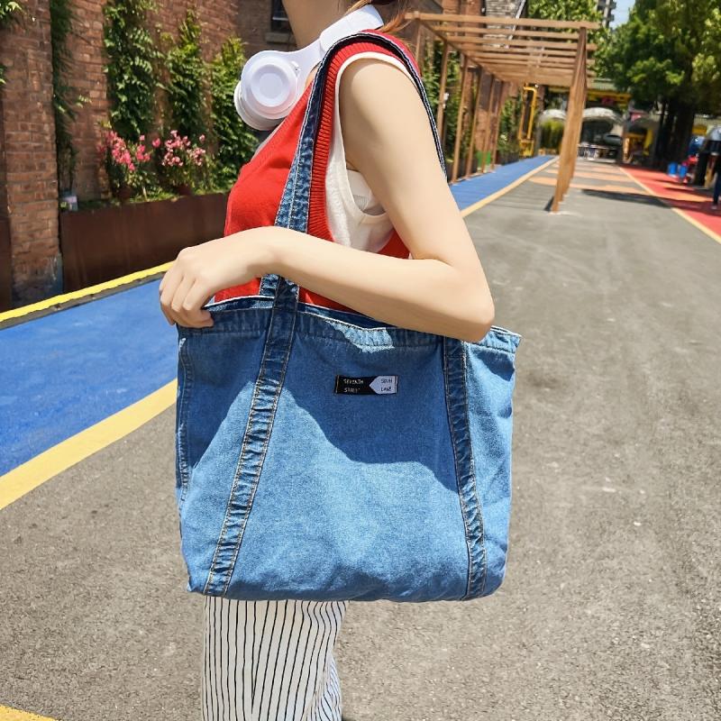 Vintage Retro Denim Tote Bag Large Capacity Shoulder Bag Women's Casual Handbag
