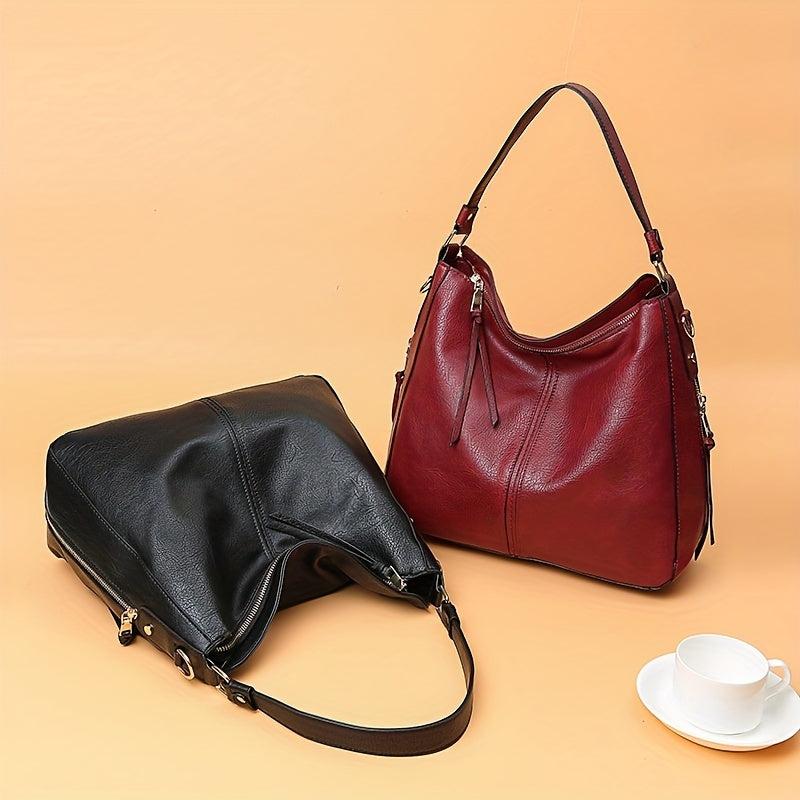 Solid Zipper Tote Bag PU Leather Large Capacity Handbag