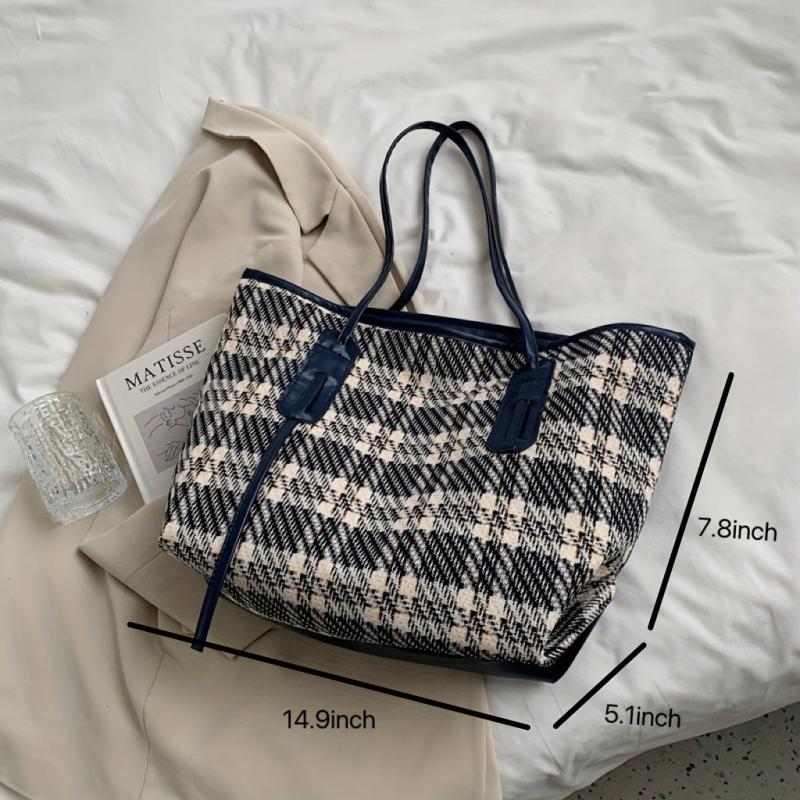Plaid Large Capacity Tote Bag Textured Shopping Shoulder Bag