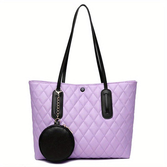 Women's Quilted Shoulder Bag Solid Tote With Coin Purse