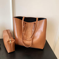 Large Capacity Shoulder Tote Bag Solid Faux Leather