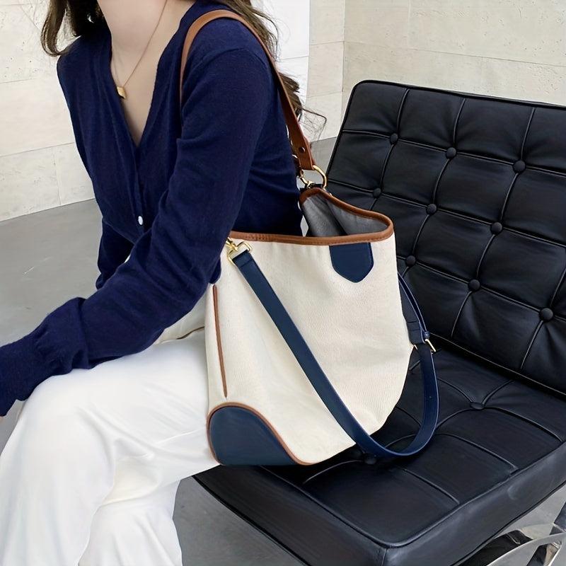 Canvas Block Shoulder Bag Large Capacity Stylish Tote Bag Zipper Strap