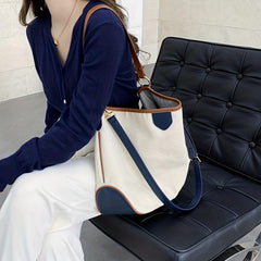 Canvas Block Shoulder Bag Large Capacity Stylish Tote Bag Zipper Strap